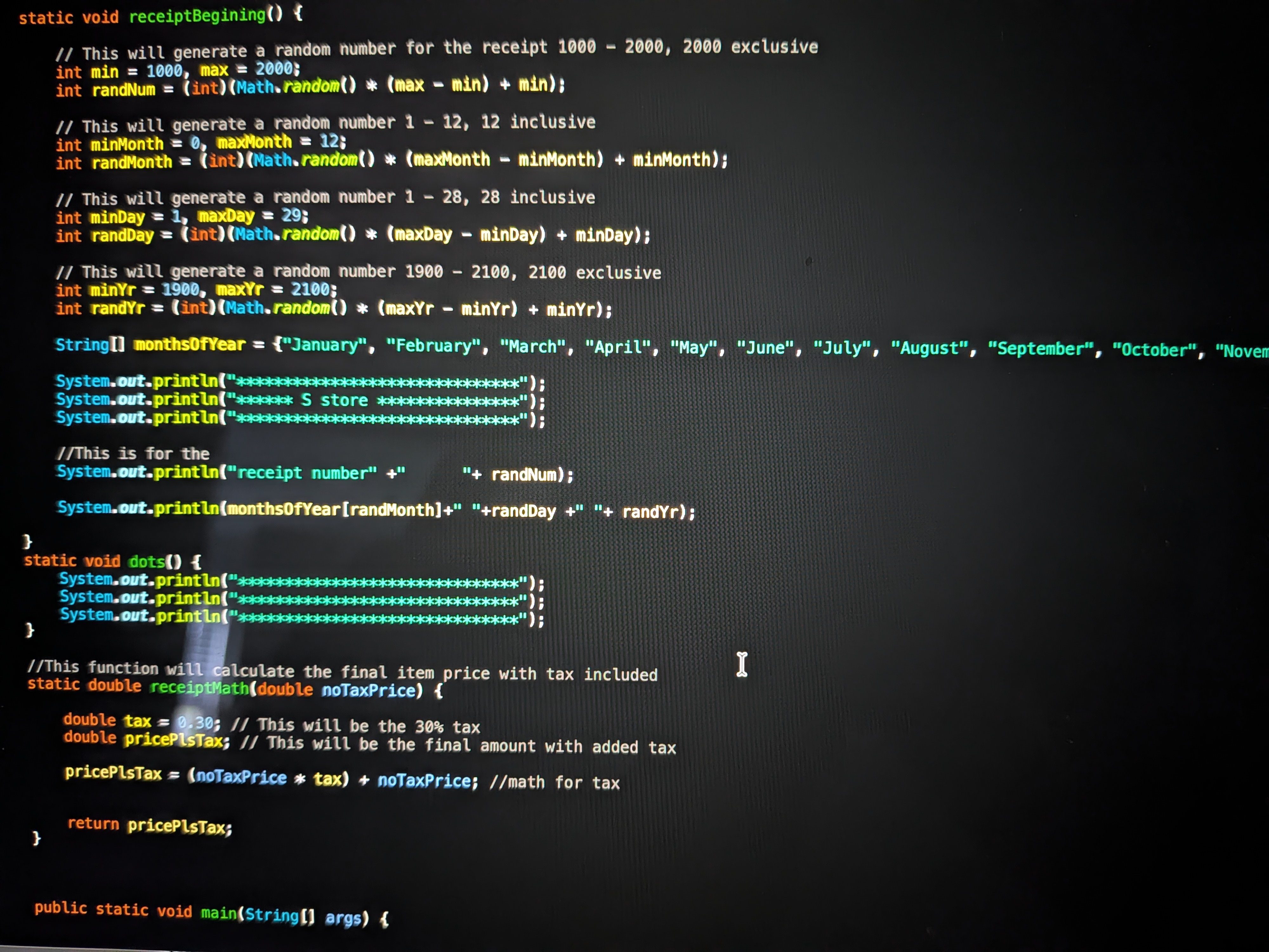 Image of Java coding language snippet from a laptop screen taken from a smartphone camera.